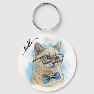 Hand drawing funny British cat in glasses Throw Pi Key Ring