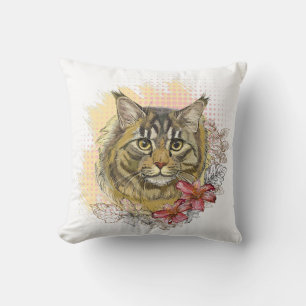 Hand drawing funny cute Maine coon with flowers Cushion