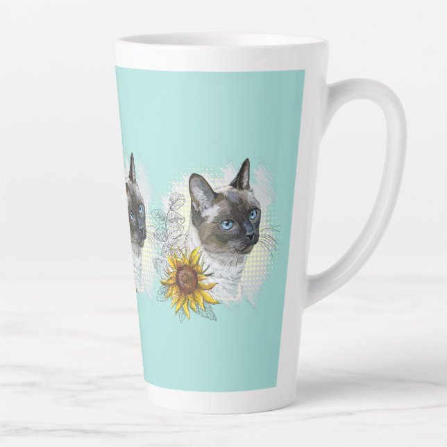 Hand drawing funny cute thai cat with flowers latte mug (Right)