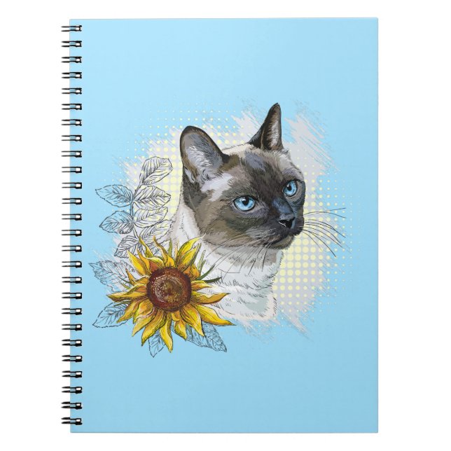 Hand drawing funny cute thai cat with flowers notebook (Front)