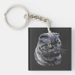 Hand drawing funny fluffy Black brittish cat. Key Ring