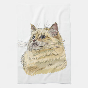Hand drawing funny fluffy Ragdoll cat Tea Towel