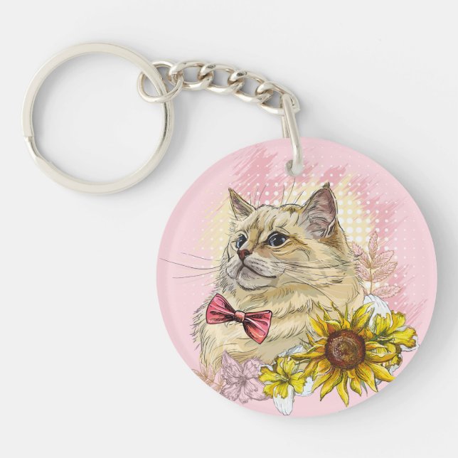 Hand drawing funny Red Ragdoll cat with flowers Key Ring (Front)