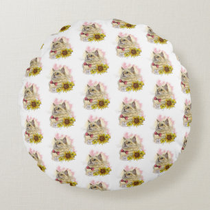 Hand drawing funny Red Ragdoll cat with flowers Round Cushion