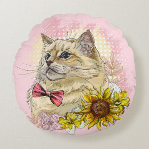 Hand drawing funny Red Ragdoll cat with flowers Round Cushion