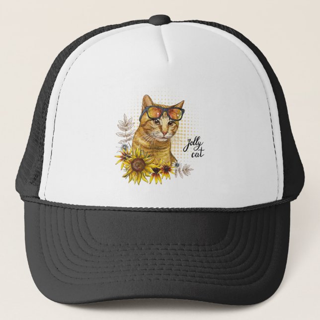 Hand drawing funny red tabby cat in glasses with s trucker hat (Front)