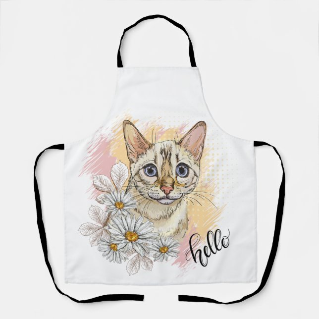Hand drawing funny snow bengal cat with camomiles apron (Front)