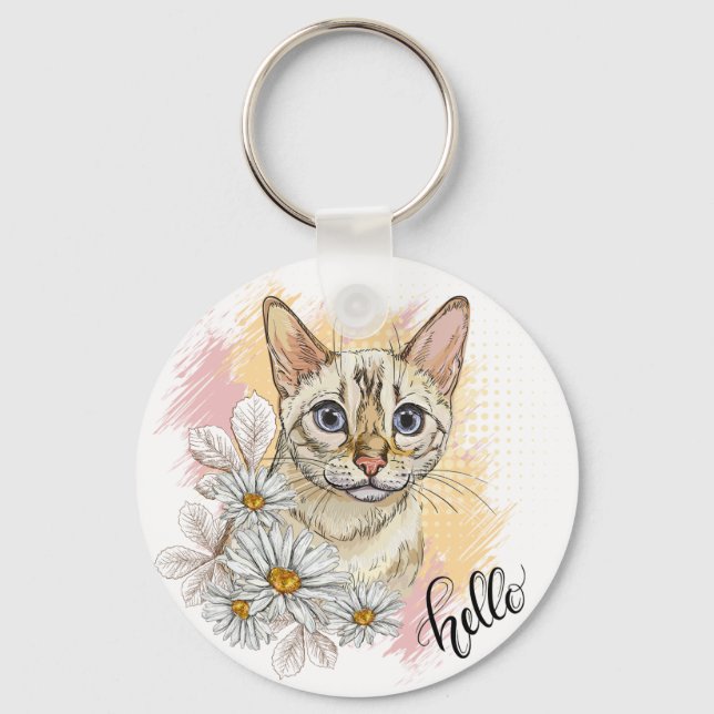 Hand drawing funny snow bengal cat with camomiles  key ring (Front)