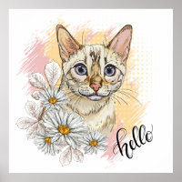 Hand drawing funny snow bengal cat with camomiles