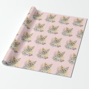 Hand drawing funny snow bengal cat with camomiles wrapping paper