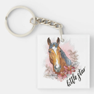 Hand drawing horse with plants and flowers T-Shirt Key Ring