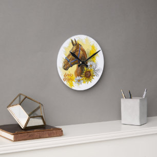 Hand drawing horse with plants and flowers throw p round clock