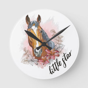 Hand drawing horse with plants and flowers throw p round clock