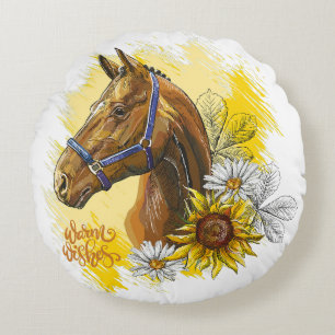 Hand drawing horse with plants and flowers throw p round cushion
