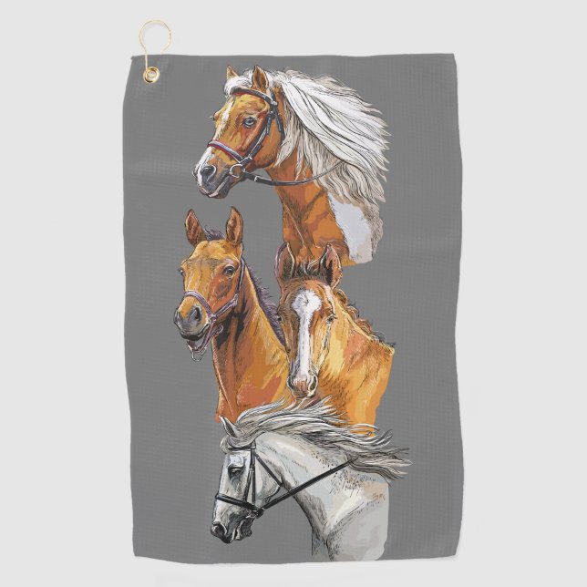 Hand drawing horses portraits portrait golf towel (Front)