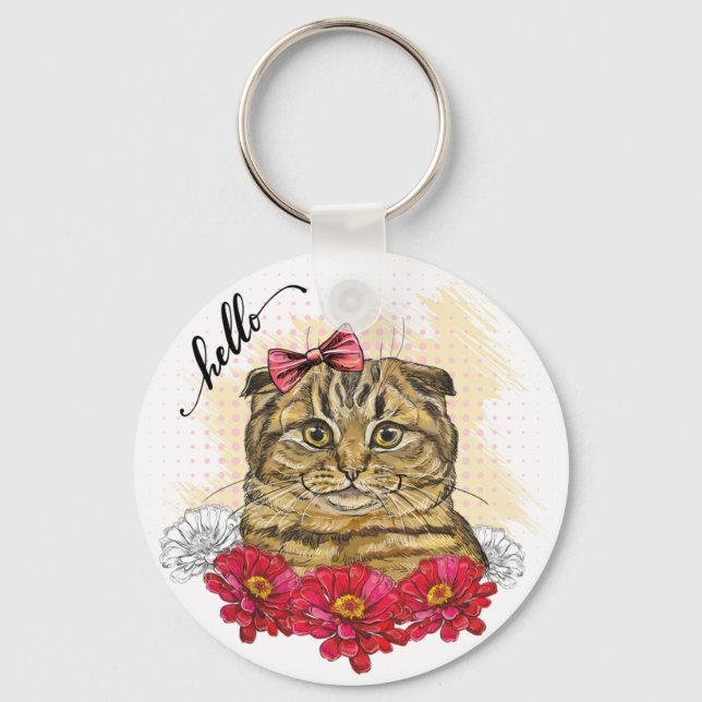 Hand drawing Scottish fold cat with red flowers To Key Ring (Front)