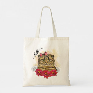 Hand drawing Scottish fold cat with red flowers Tote Bag