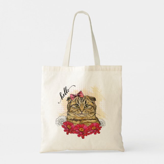 Hand drawing Scottish fold cat with red flowers Tote Bag (Back)