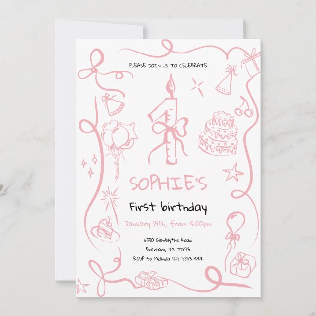 Hand Drawn 1st Birthday Invitation, Birthday  Invitation (Front)