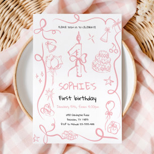 Hand Drawn 1st Birthday Invitation, Birthday Invitation