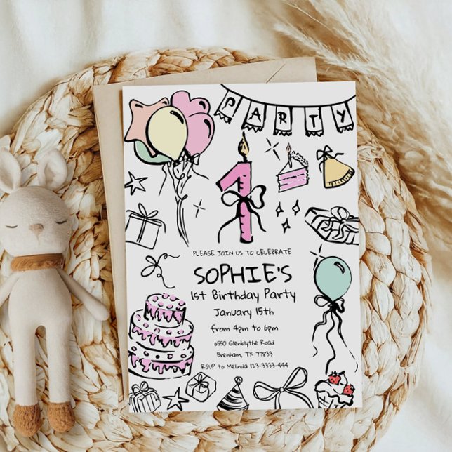 Hand Drawn 1st Birthday Invite, Doodle Birthday In Invitation (Creator Uploaded)