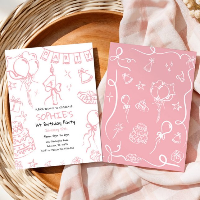 Hand Drawn 1st Birthday Invite, Doodle Birthday Invitation (Creator Uploaded)