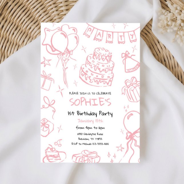 Hand Drawn 1st Birthday Invite, Doodle Birthday Invitation (Creator Uploaded)