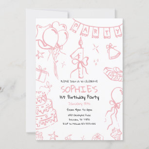 Hand Drawn 1st Birthday Invite, Doodle Birthday Invitation