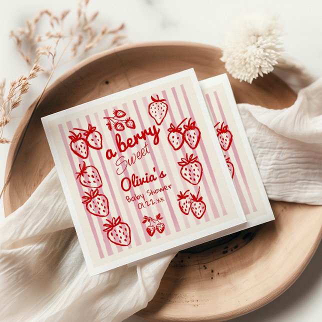 Hand Drawn A Berry Sweet Strawberries Baby Shower Napkin (Creator Uploaded)