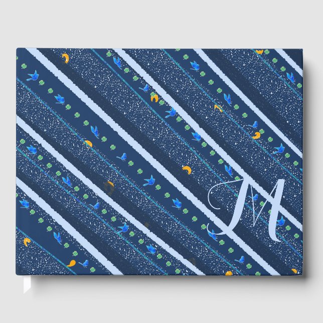 Hand drawn Abstract Blue white line stripe pattern Guest Book (Front)