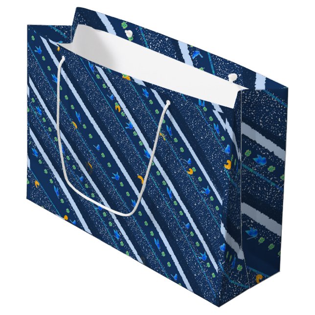 Hand drawn Abstract Blue white line stripe pattern Large Gift Bag (Front Angled)