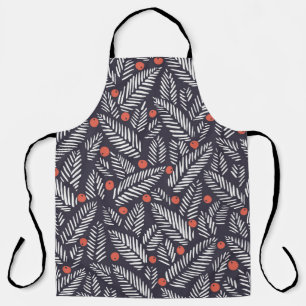 Hand drawn abstract Christmas foliage, red holy be Apron
