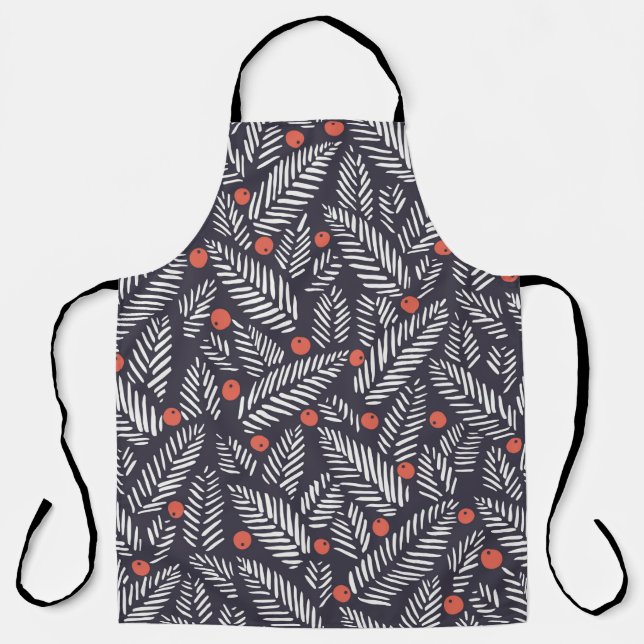 Hand drawn abstract Christmas foliage, red holy be Apron (Front)