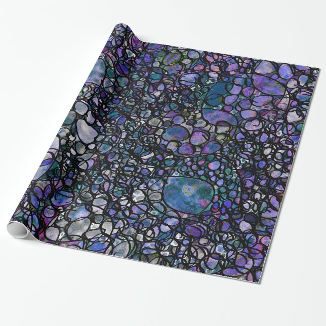 Hand-Drawn Abstract Circles, Blue, Purple, Black Wrapping Paper (Unrolled)
