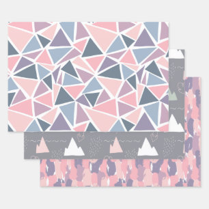 Hand drawn, abstract design, mountains, grey, pink wrapping paper sheet