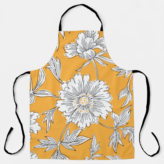 Hand drawn abstract garden flowers. Contour drawin Apron (Front)