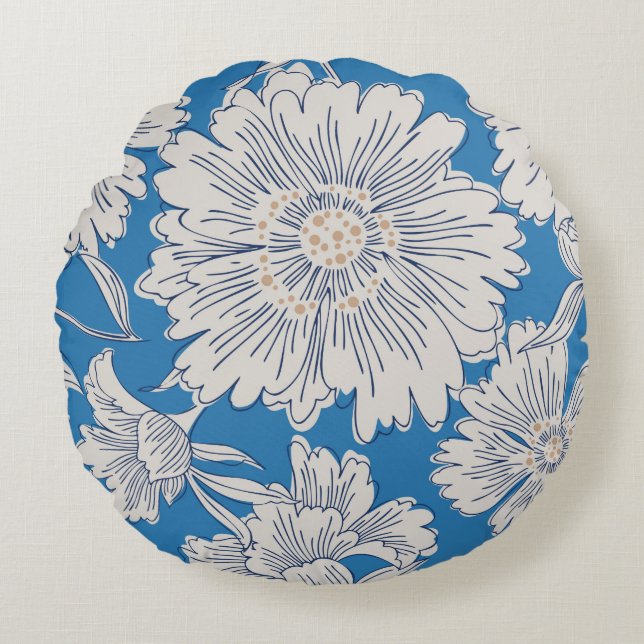 Hand drawn abstract garden flowers. Contour drawin Round Cushion (Front)