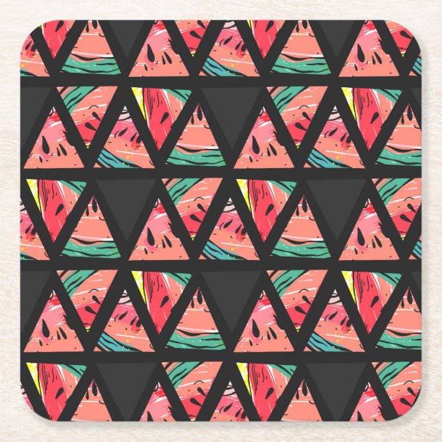 Hand Drawn Abstract Watermelon Pattern Square Paper Coaster (Front)