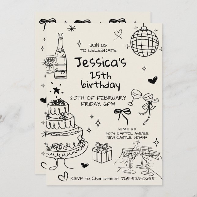 Hand Drawn Adult Handwritten Scribble Birthday  Invitation (Front/Back)