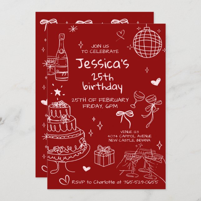 Hand Drawn Adult Handwritten Scribble Birthday  Invitation (Front/Back)