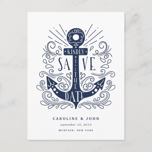 Hand Drawn Anchor Save the Date Announcement Postcard (Front)
