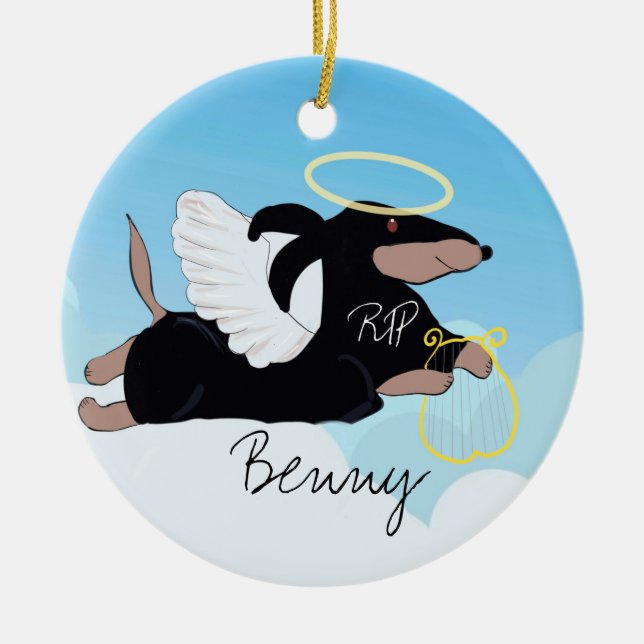 Hand drawn angel in loving memory dachshund ceramic tree decoration (Front)