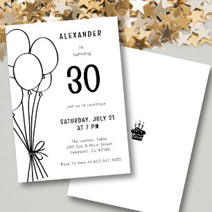 Hand Drawn Any Age Birthday Balloon Minimal Black Invitation