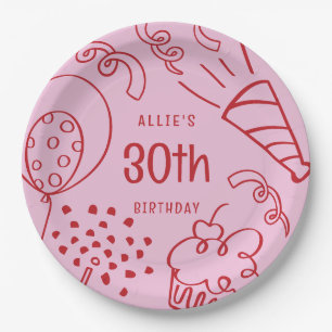 Hand Drawn Any Age Birthday Balloon Pink Red Paper Plate