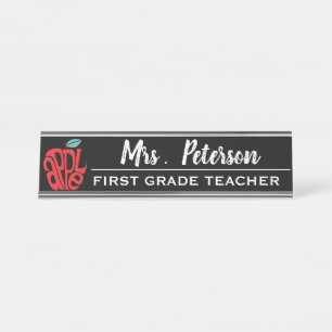 Hand Drawn Apple Custom Black & White Teacher  Desk Name Plate