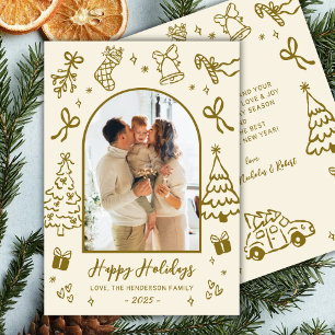 Hand-Drawn Arch Photo Gold Beige Christmas Happy Holiday Card