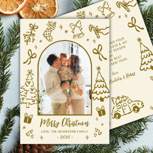 Hand-Drawn Arch Photo Gold Beige Merry Christmas Holiday Card
