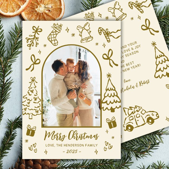 Hand-Drawn Arch Photo Gold Beige Merry Christmas  Holiday Card (Creator Uploaded)