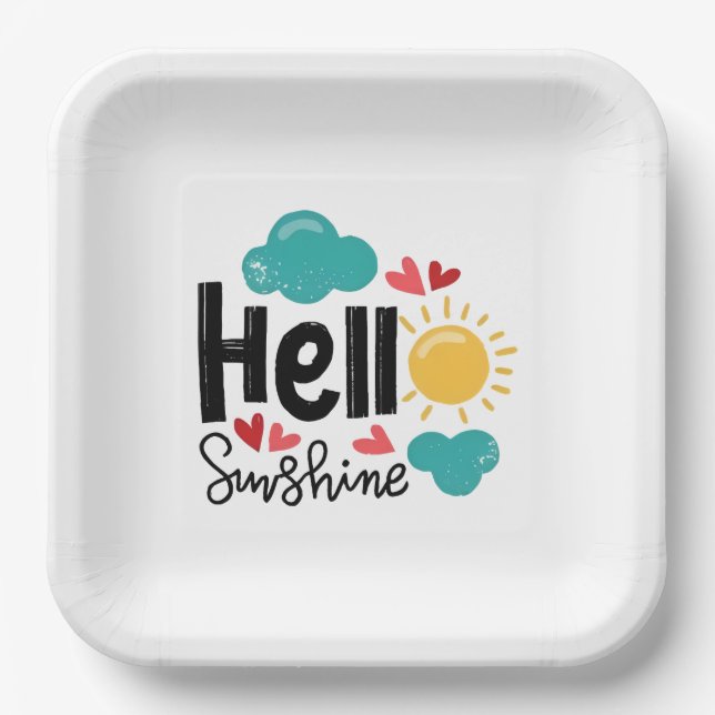 Hand Drawn Art - Hello Sunshine Text Paper Plate (Front)