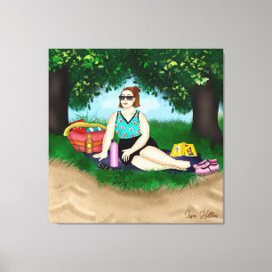Hand drawn Art Woman Relaxing at Beach Canvas Print